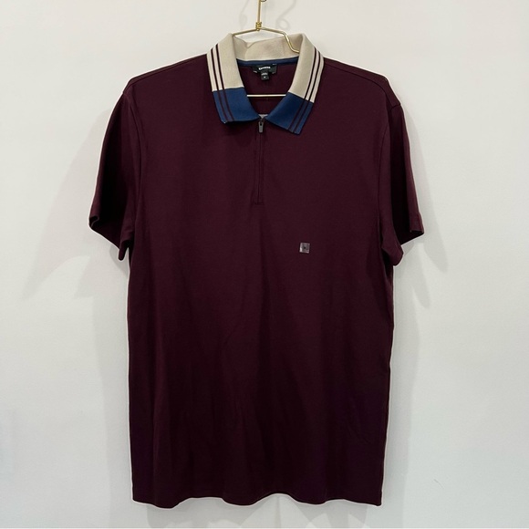 Express Maroon 1/4 Zip Polo Shirt Short Sleeve Size Medium Burgundy - Picture 1 of 6